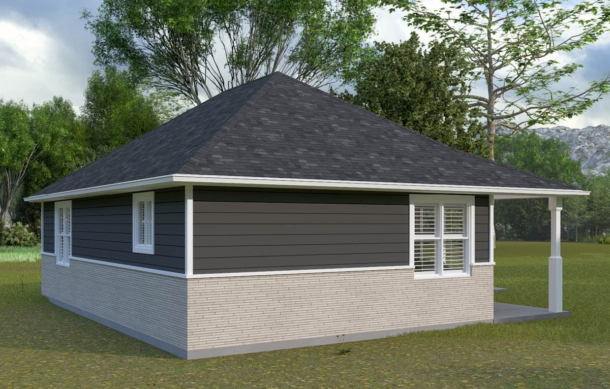House plan exterior with dark siding, white trim, brick foundation, and covered porch.