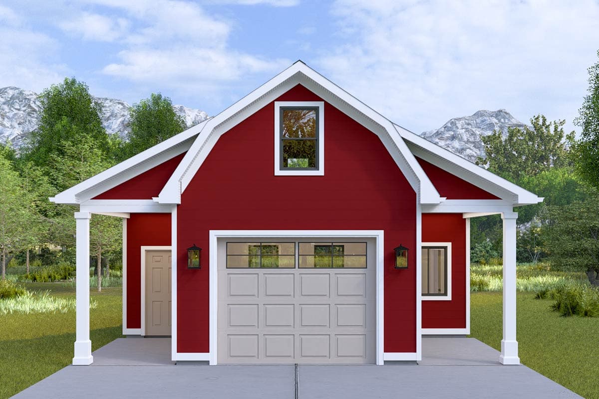 House plan exterior. One-story structure with a gable roof. Features include a garage, porch with columns, and a small upper-level window.