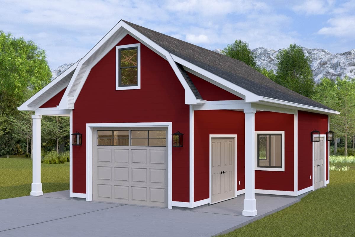 Two-story house plan exterior with a prominent gable roof, covered entry, garage door, and two additional doors.
