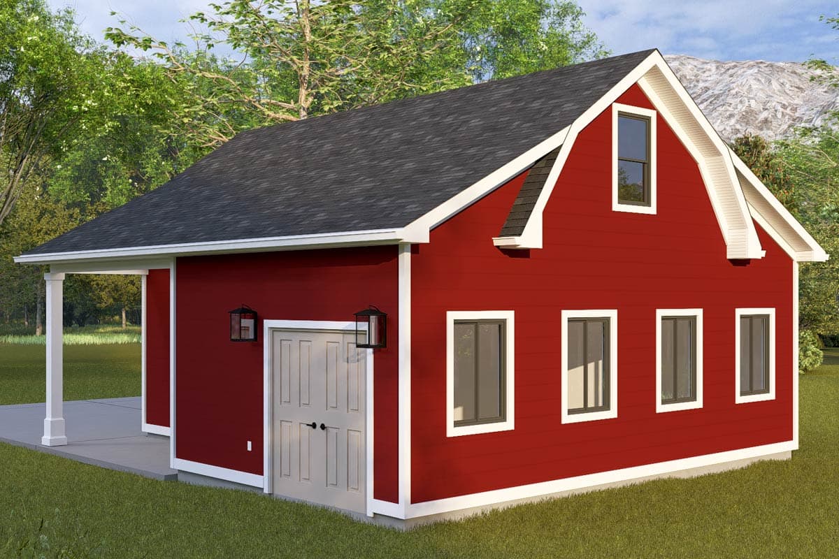House plan exterior with gambrel roofline, dormer windows, covered porch, and double entry doors.