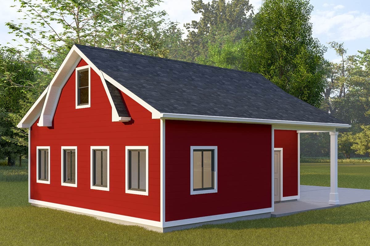 House plan exterior: Two-story, gambrel roof style with white trim, dormer window, and covered porch.