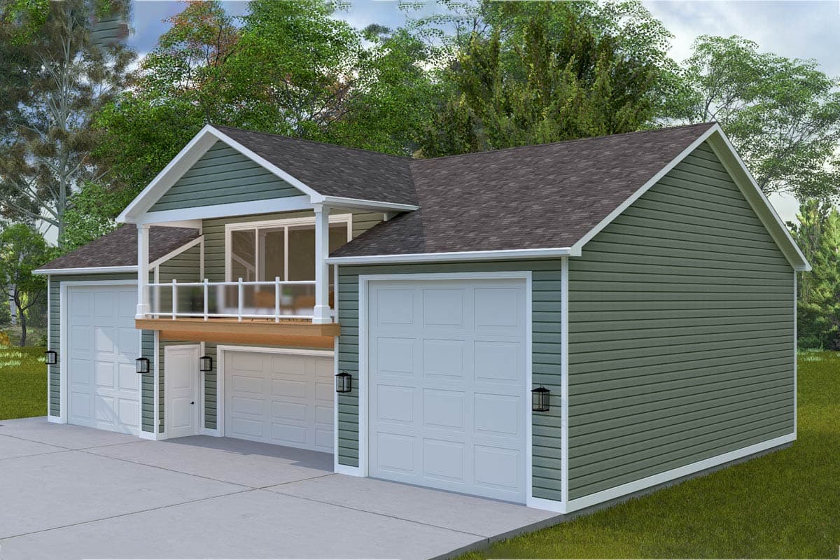 House plan exterior with three garage doors, a second-story balcony with glass railings, and gabled rooflines.