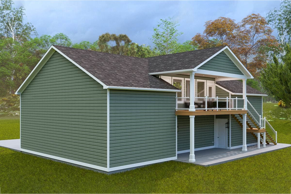 House plan exterior with a two-story design, gabled rooflines, second-story deck with glass railings, and exterior staircase.