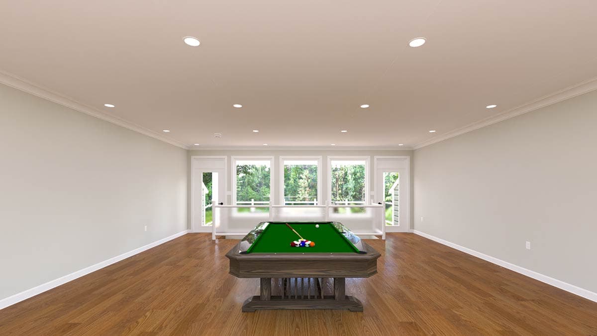 Interior rendering of a recreation room with a pool table, natural light from large windows, and wood flooring.