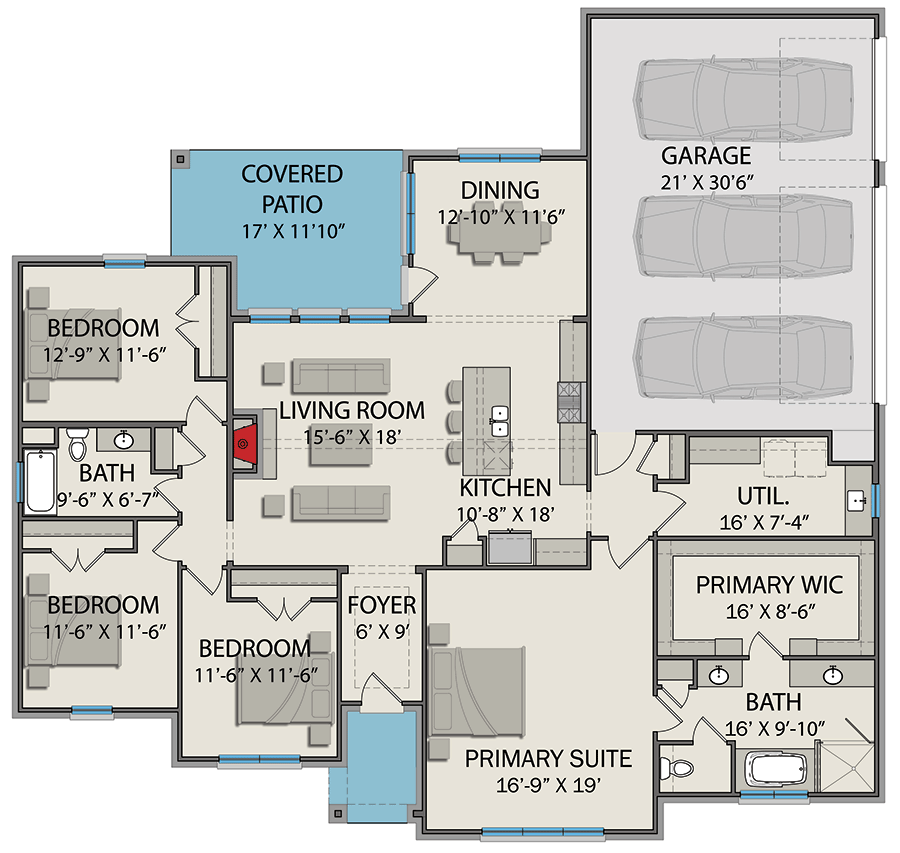 Plan 25446TF: 4-Bed New American House Plan with Rear Covered Patio - 2290 Sq Ft - Floor Plan - Main Level - Country, New American