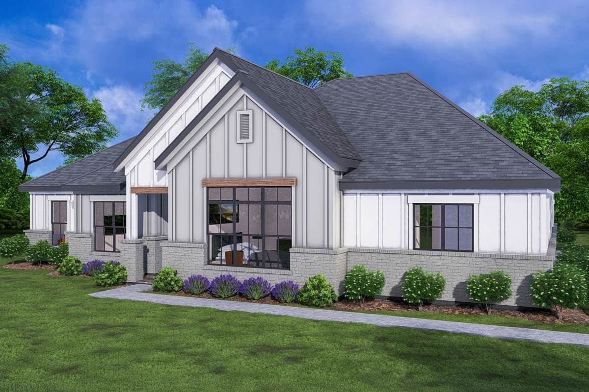 Modern Farmhouse house plan exterior with board-and-batten siding, gable, and brick base.
