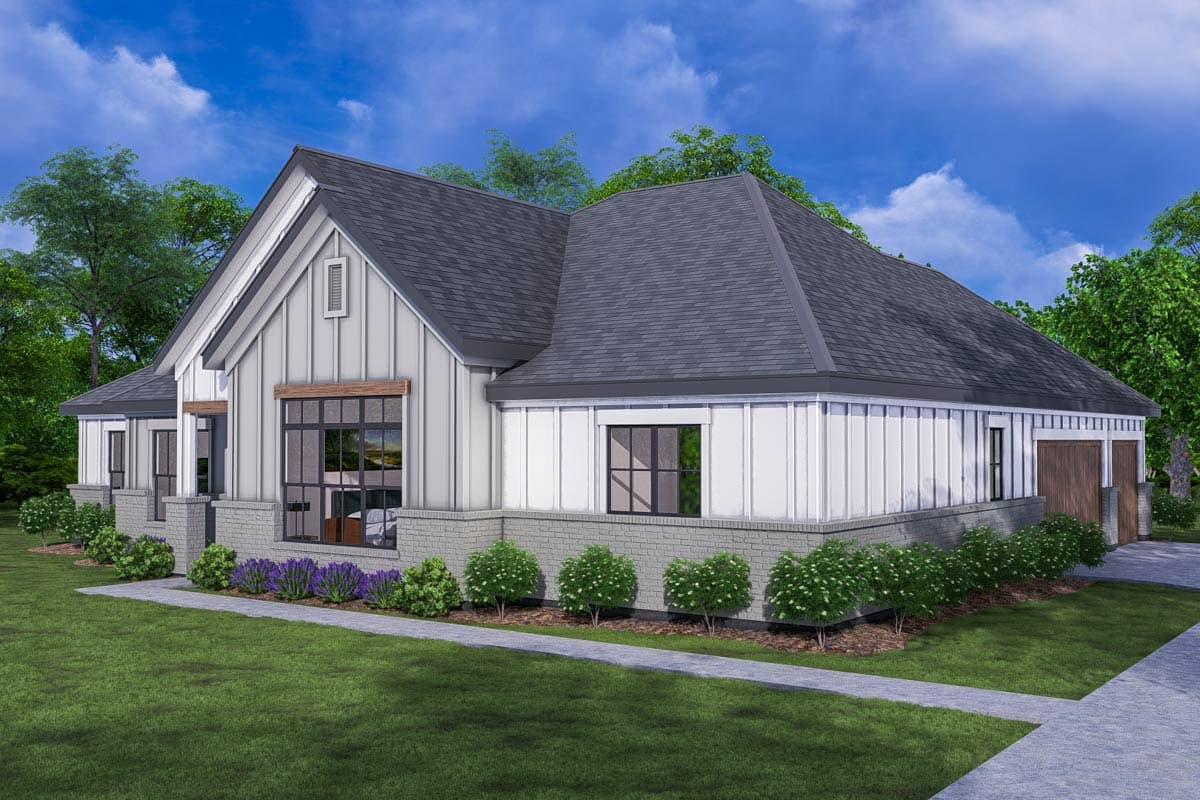 Modern Farmhouse house plan exterior with board-and-batten siding, brick base, large windows, and gabled roof.