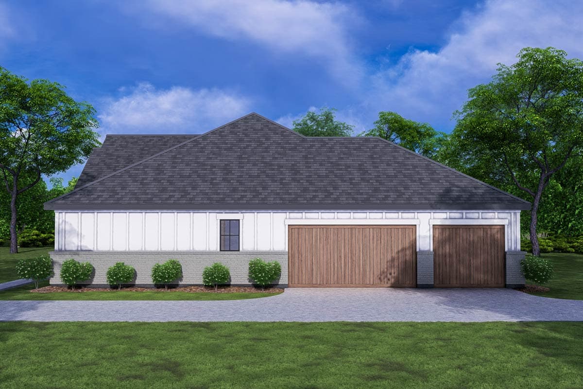 House plan exterior: one-story with a prominent gable roof, white vertical siding, brick base, and a three-car garage.