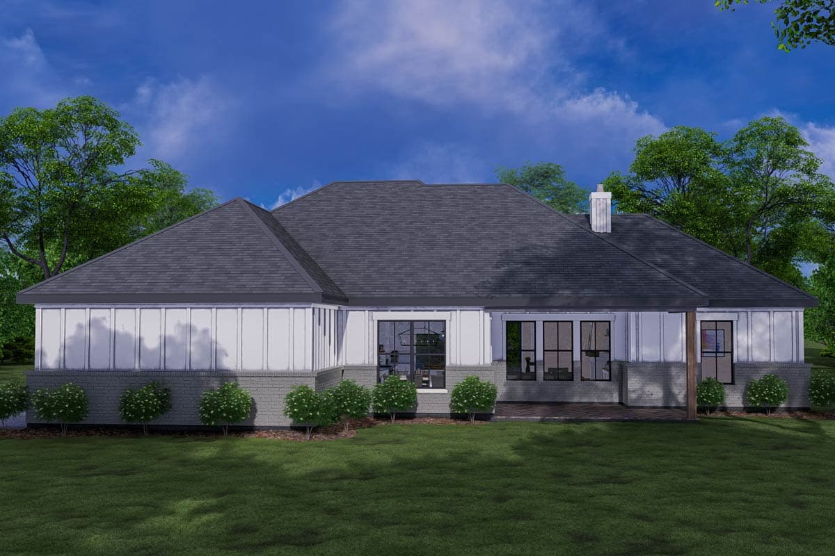 House plan exterior: One-story modern home with a gray shingle roof, brick base, white vertical siding, and large windows.