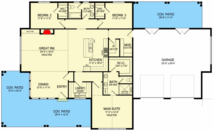 Plan 493026GNT: 3-Bed New American House Plan with Split-Bedrooms - 2166 Sq Ft - Floor Plan - Main Level - Farmhouse, New American, Ranch