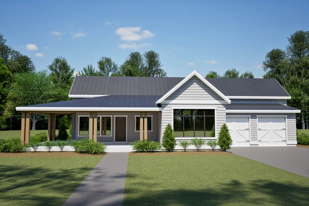 House plan exterior with a single story, front porch with columns, a gable roof, and an attached two-car garage.
