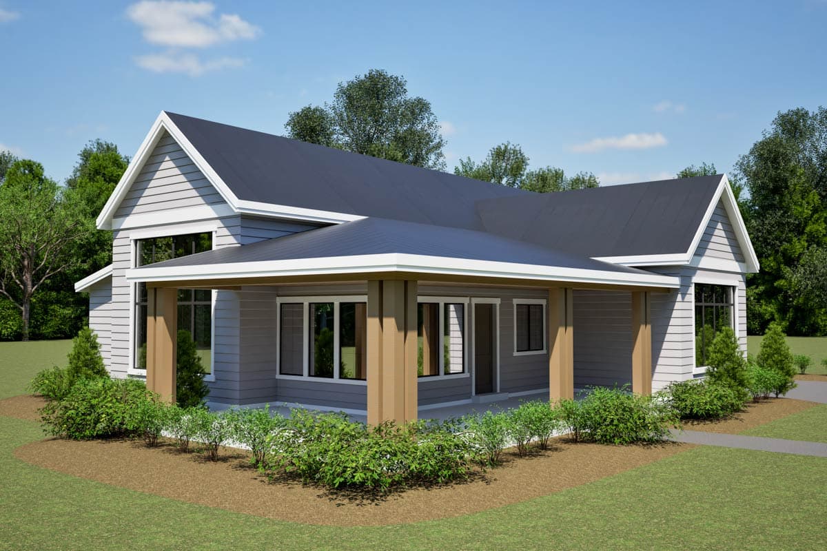House plan exterior: Modern style, one story, with a prominent covered porch, gable rooflines, and horizontal siding.