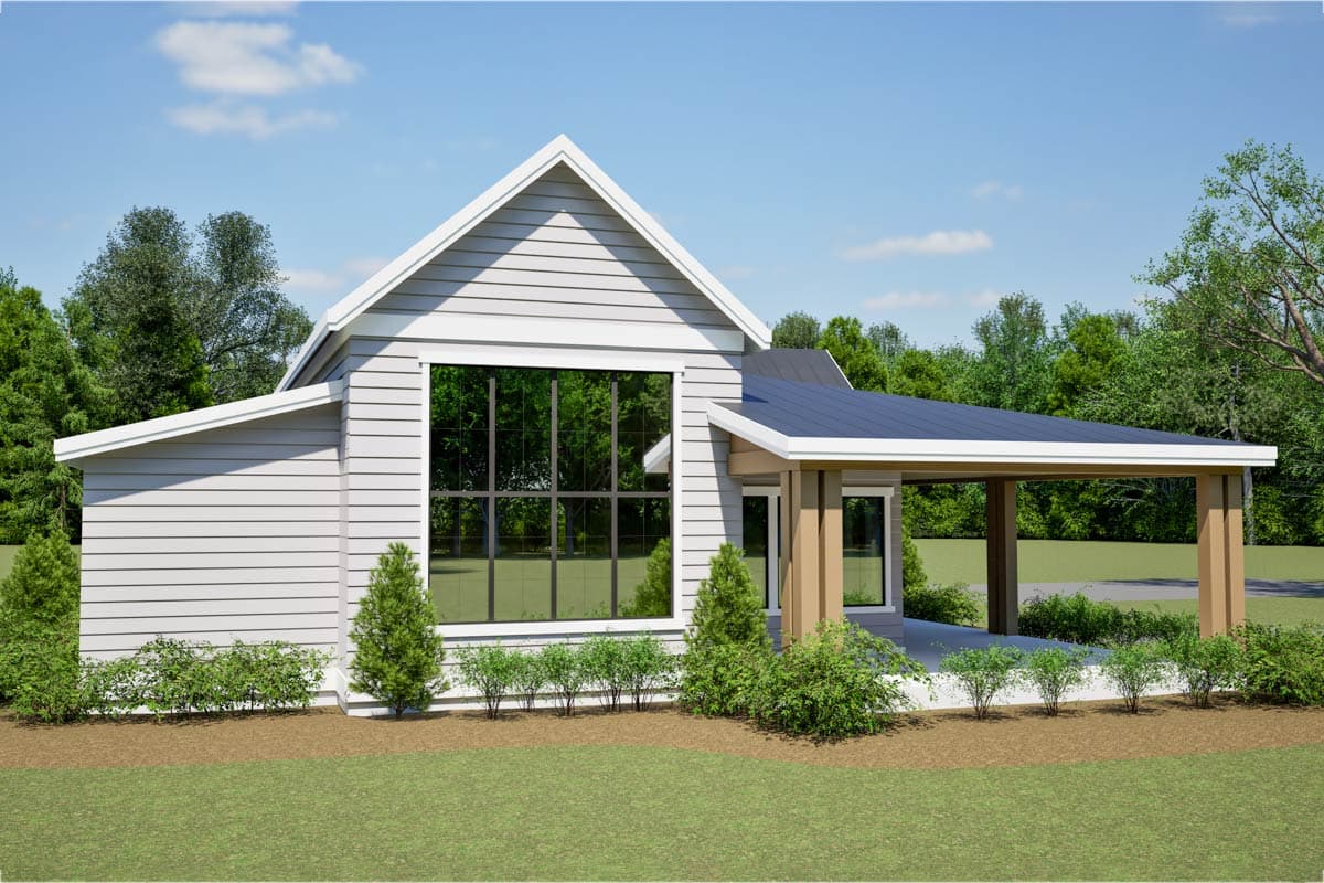 House plan exterior: Modern style, one-story, featuring a large multi-pane window, gabled roof, and covered porch with wood columns.