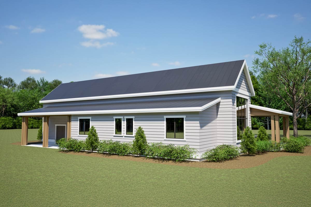 House plan exterior of a single-story Modern Farmhouse with a gabled roof, a covered front porch, and horizontal siding.
