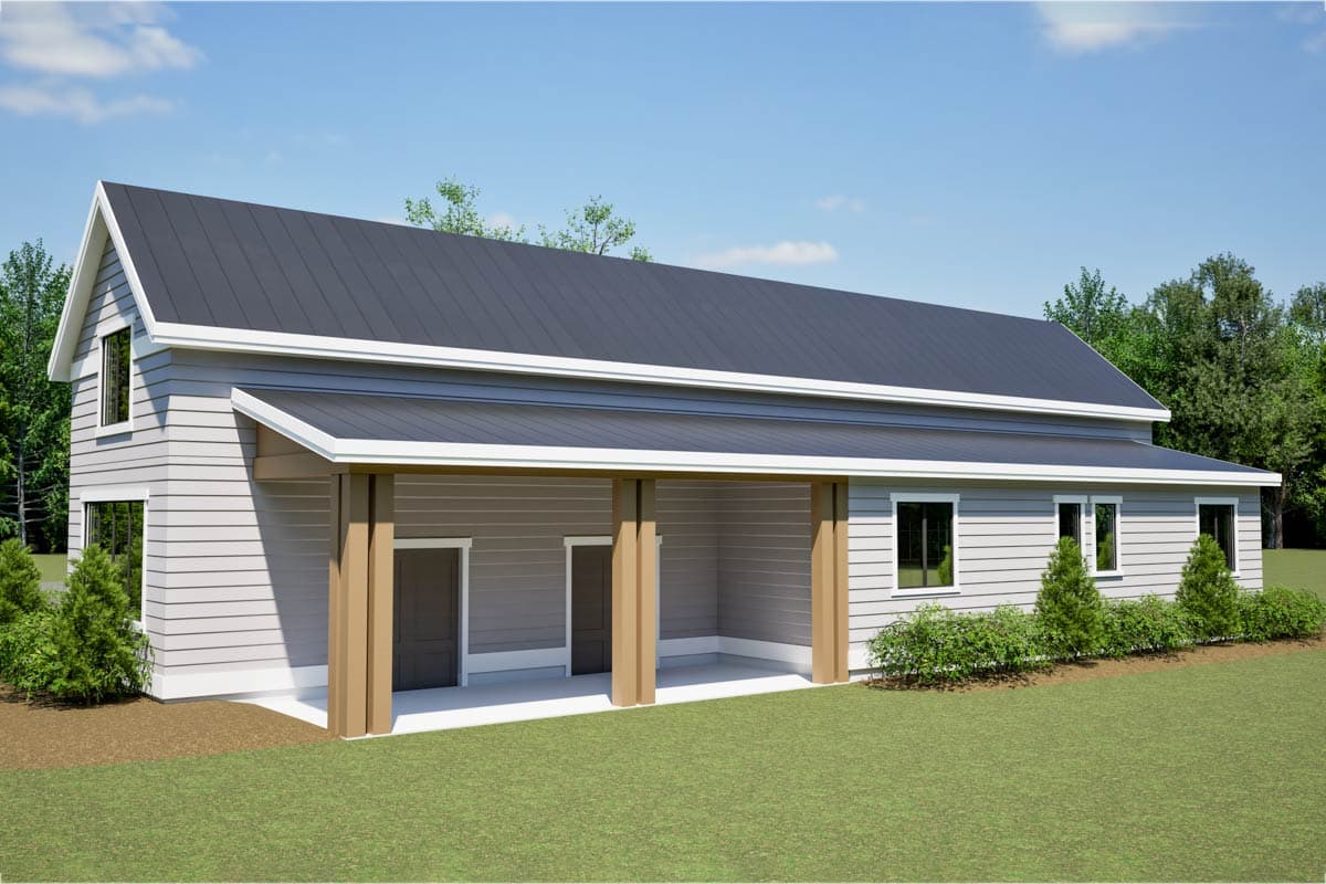 House plan exterior: Two-story Modern Farmhouse with a metal gambrel roof and a covered porch supported by wooden posts.
