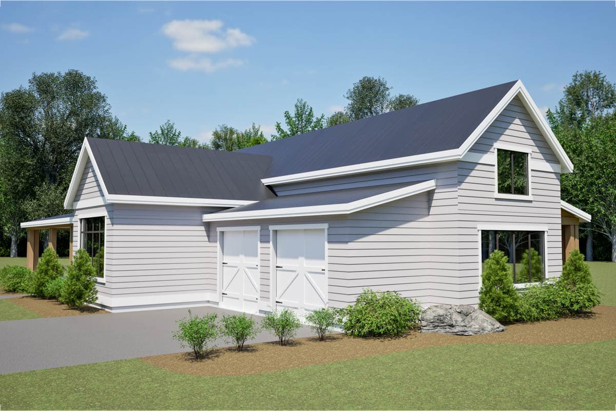 House plan exterior of a two-story Modern Farmhouse with a dark metal roof, two garage doors, and a covered porch.