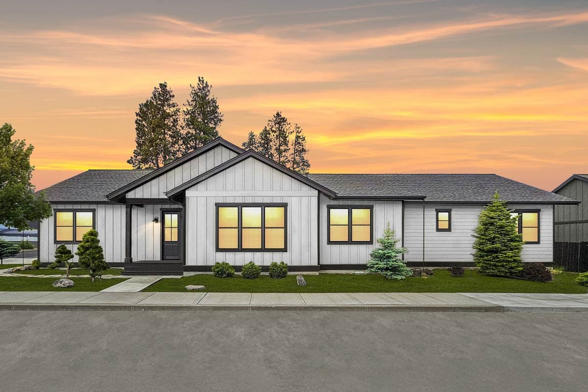 House plan exterior of a one-story modern farmhouse with board and batten siding, a prominent gable, and a covered front entry porch.