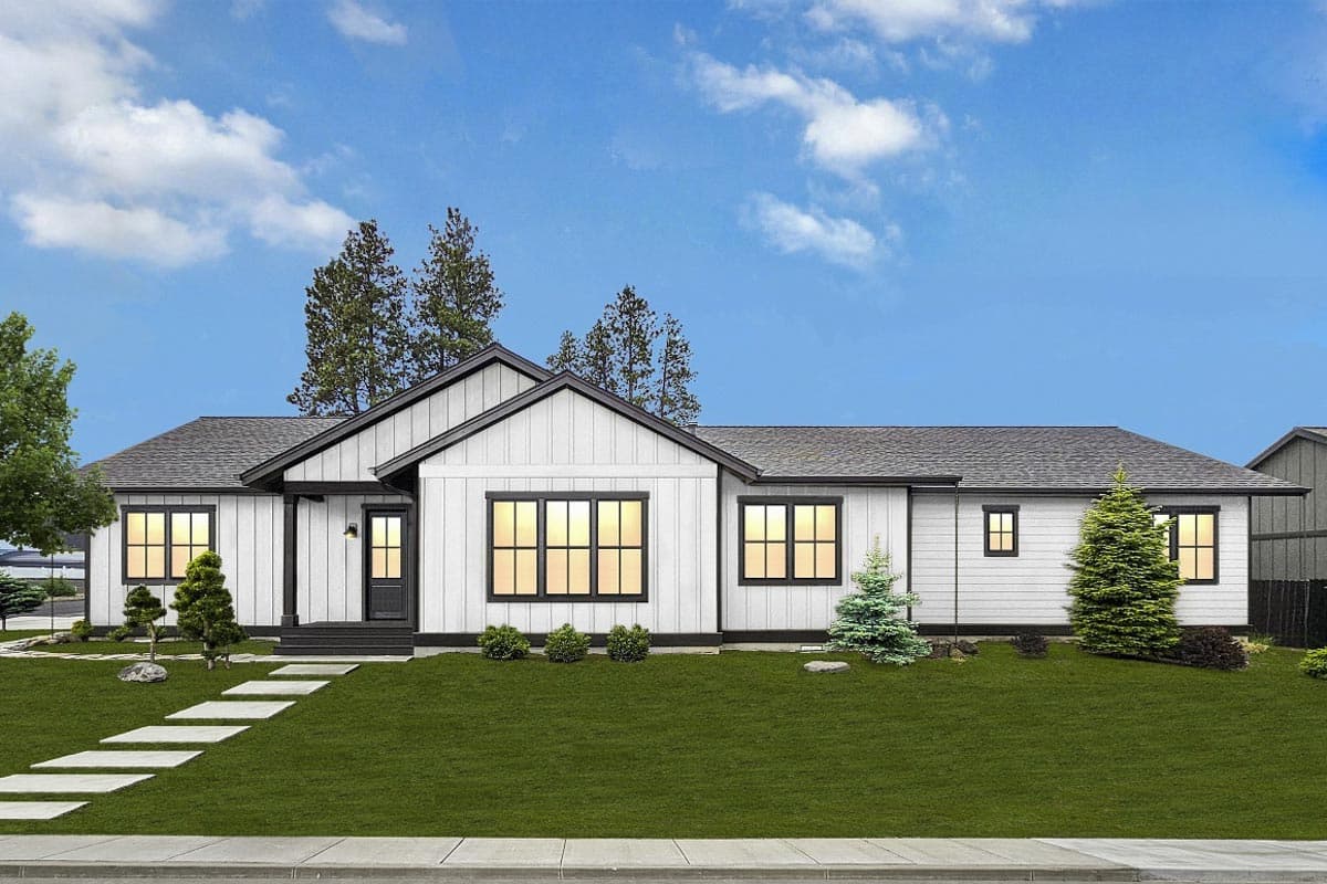 House plan exterior. Modern farmhouse style. One-story home with board and batten siding, multiple gables, and dark trim.