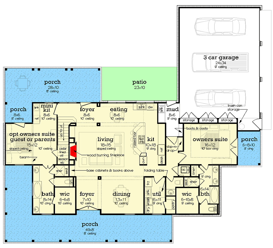 Plan 55241BR: 4-Bed Southern Farmhouse Plan with In-Law Suite - 2140 Sq Ft - Floor Plan - Main Level - Farmhouse, Modern Farmhouse, Southern