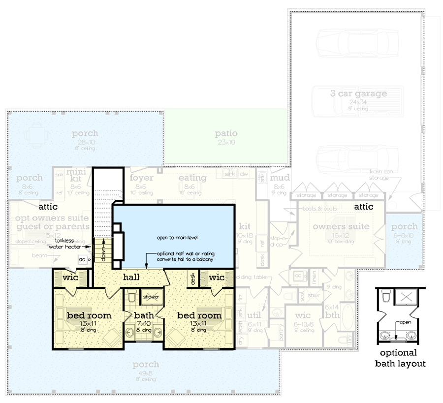 Plan 55241BR: 4-Bed Southern Farmhouse Plan with In-Law Suite - 2140 Sq Ft - Floor Plan - 2nd Floor - Farmhouse, Modern Farmhouse, Southern