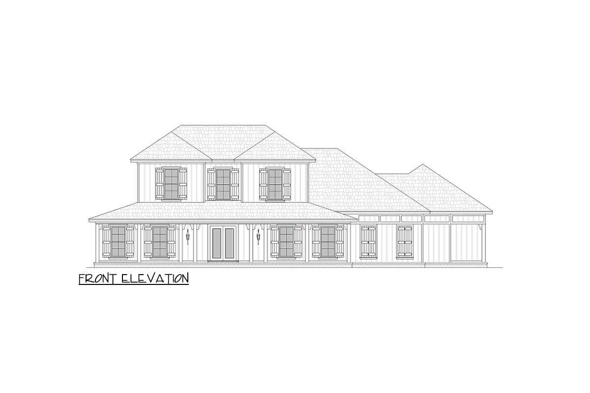 Front elevation drawing of a two-story house plan with a wraparound porch, shutters, and multiple gables.
