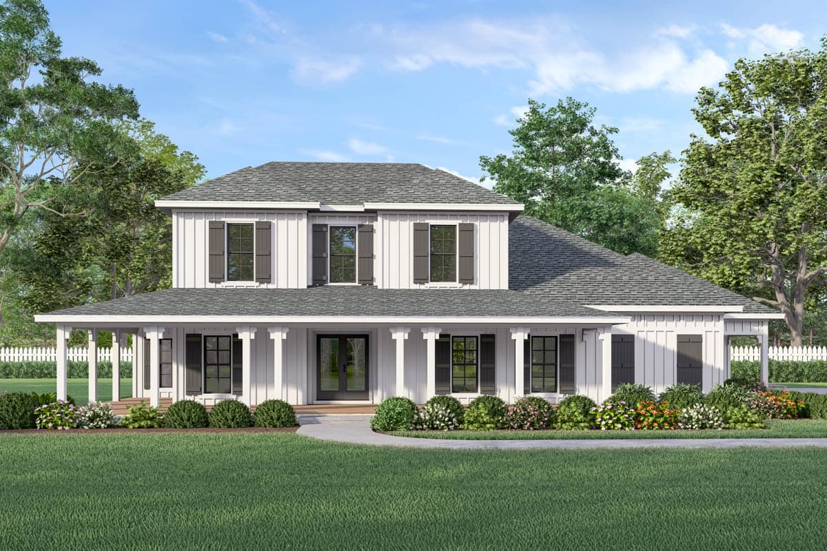 House plan exterior. Two-story farmhouse with a front porch supported by columns. Features include gabled roof, shutters, and a symmetrical facade.