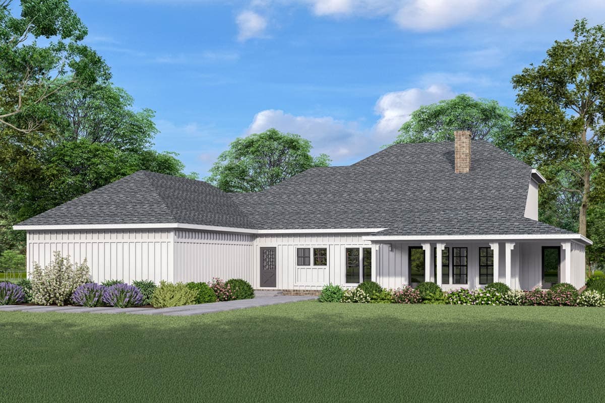 House plan exterior: Modern Farmhouse style, one story, with a covered front porch, prominent gable, and board-and-batten siding.