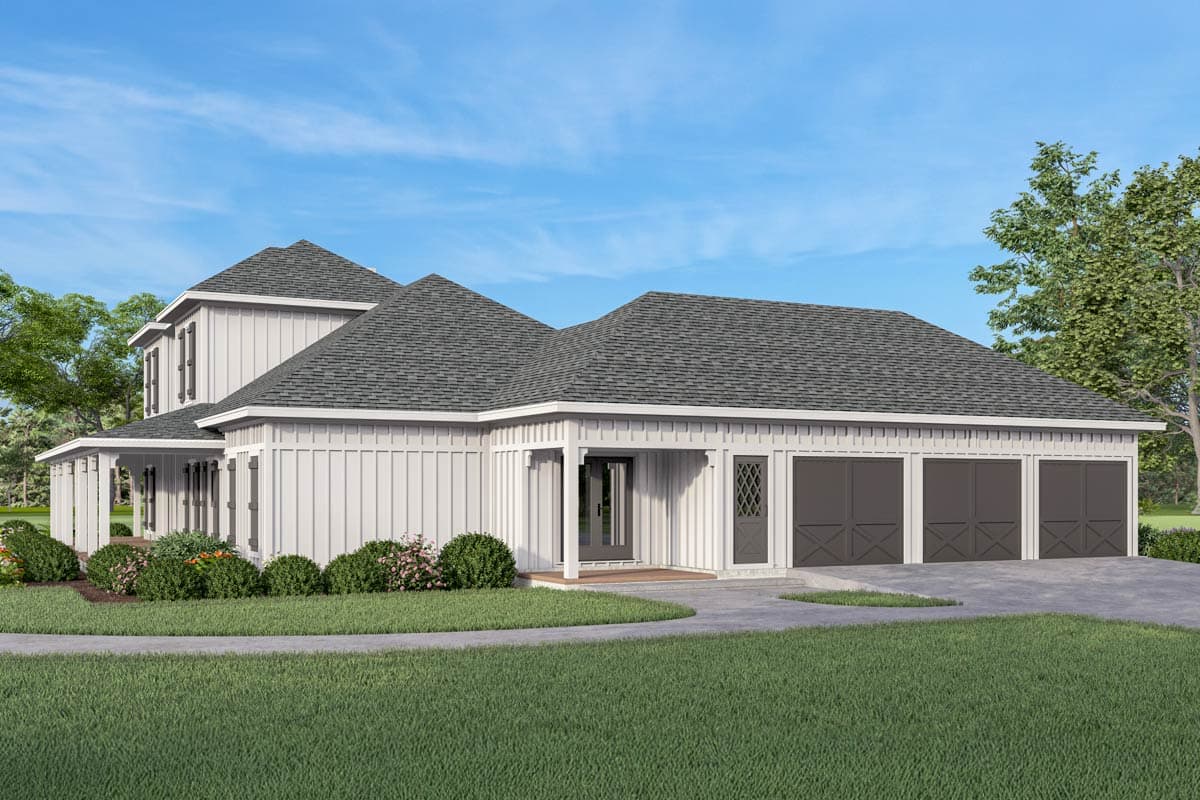 Modern Farmhouse house plan exterior with board-and-batten siding, gabled rooflines, covered porch, and three-car garage.