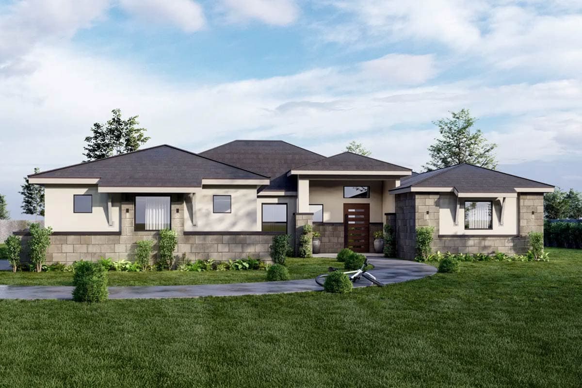 House plan exterior with low-pitched roof, stone veneer accents, and recessed entry. Contemporary style home, single story, with detached garage.
