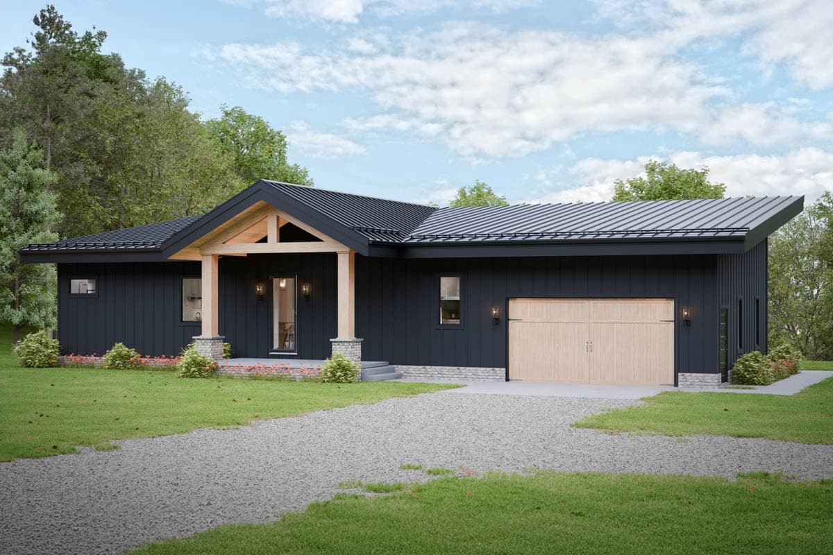 Modern Ranch house plan exterior with dark vertical siding, wood-trimmed gable entry, and attached garage.