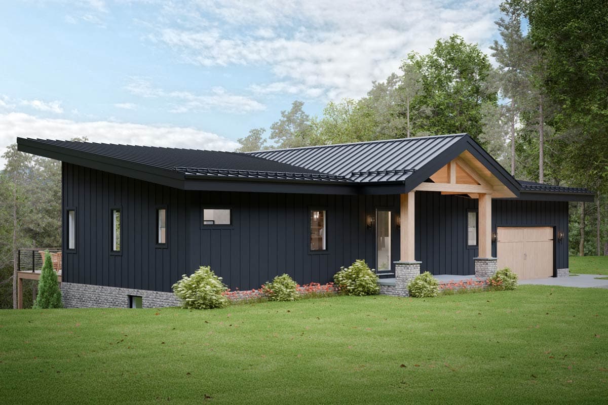 Modern house plan exterior: one story, dark vertical siding, asymmetrical roof, exposed wooden beams, stone base, and attached garage.
