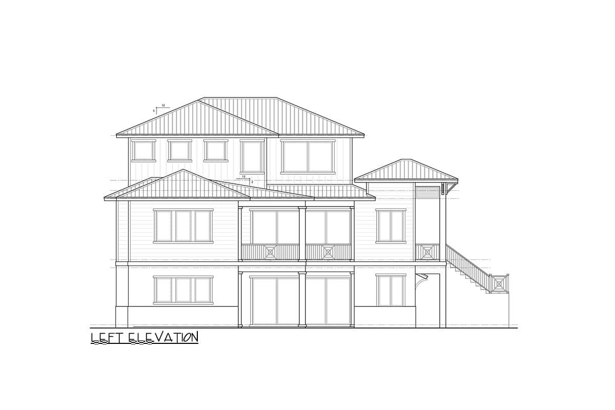 Left elevation house plan with two stories, metal roof, covered balconies, and external stairs.