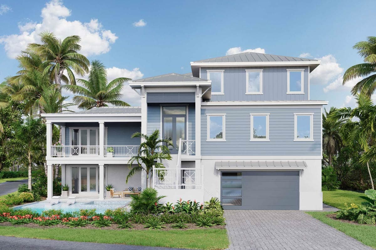 House plan exterior with two stories, a front porch, a metal roof, and a garage. Features include a swimming pool and landscaping.