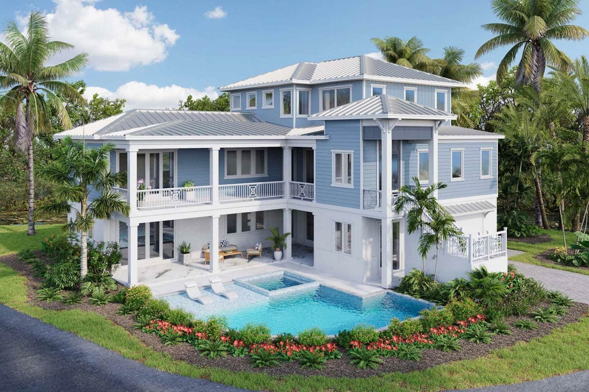 Multi-story coastal style house plan with wraparound balconies, a metal roof, and an attached pool and spa.