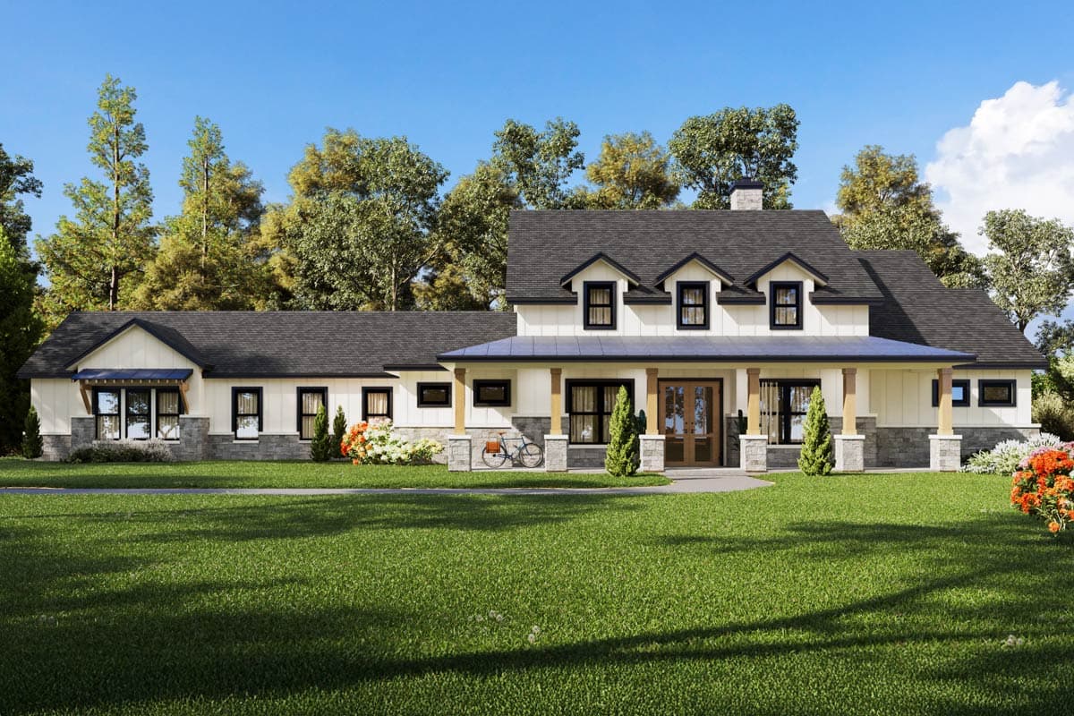 House plan exterior with Farmhouse style, one story, front porch with columns, gabled roof, and dormers.