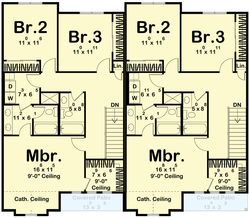 Plan 623483DJ: Modern Cottage Style Duplex with 3-Bed 3-Bath 1709 Sq Ft Units - Floor Plan - 2nd Floor - Cottage, Modern, New American, Transitional, Tudor