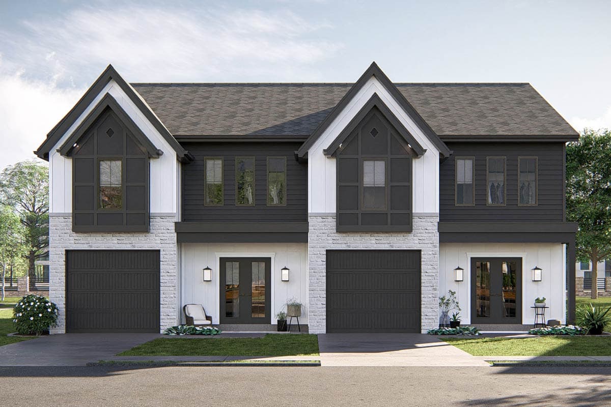House plan exterior. Two-story townhouse with gabled roof, dark garage doors, and decorative gable accents. Features brick facade and double doors.