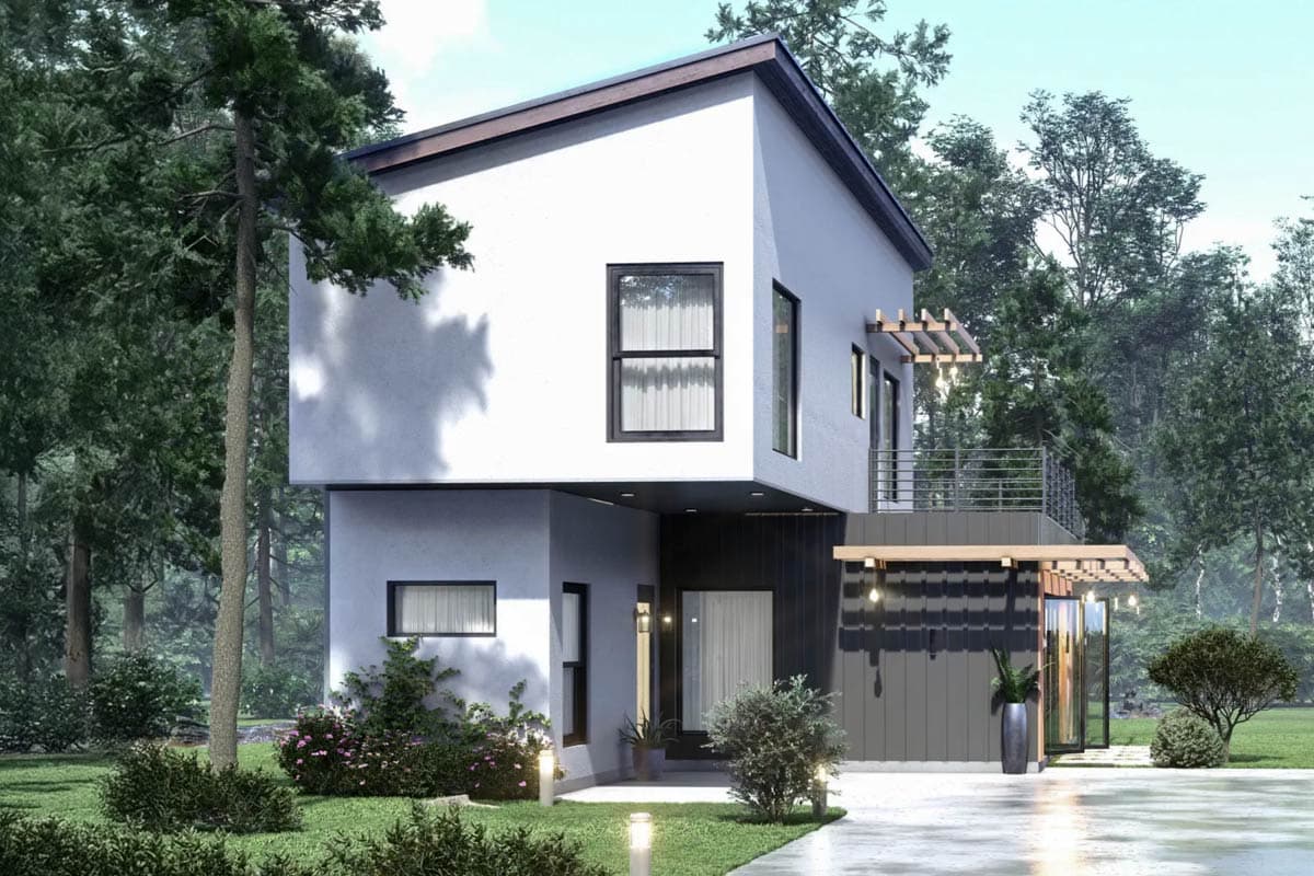 House plan exterior. Modern style, two-story home with flat roof, pergola, and balcony. Features include large windows and a dark accent wall.