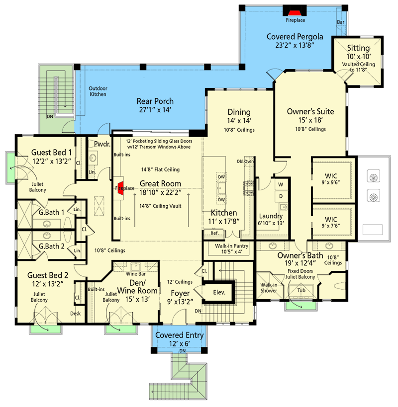 Plan 33276ZR: 3-Bed Coastal Contemporary House Plan with Master Suite Sitting Area - 3409 Sq Ft - Floor Plan - Main Level - Beach, Coastal, Coastal Contemporary, Florida-Style