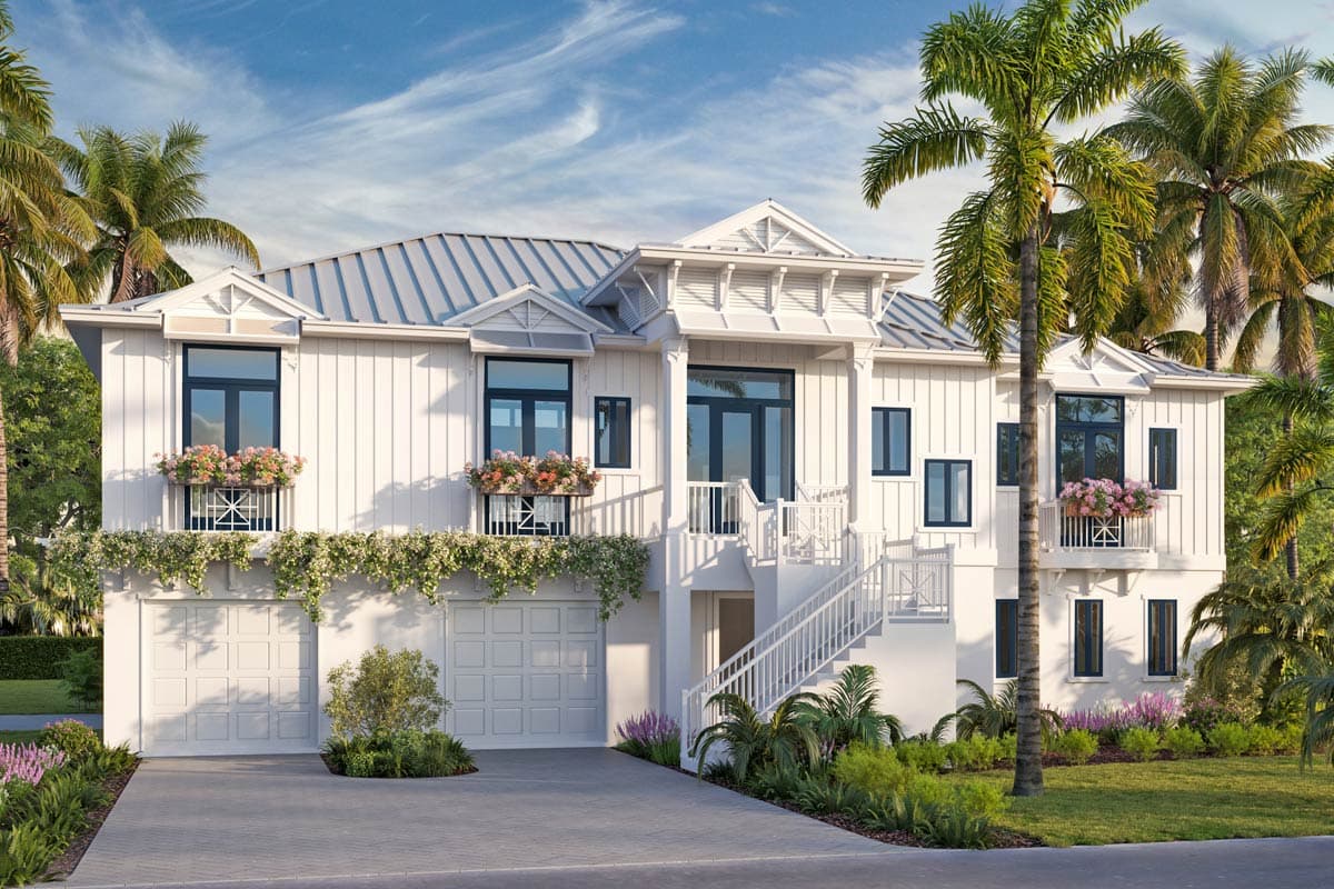 House plan exterior: Two-story Coastal home with a metal roof, dormers, and a raised entry with stairs leading to a second-story balcony.
