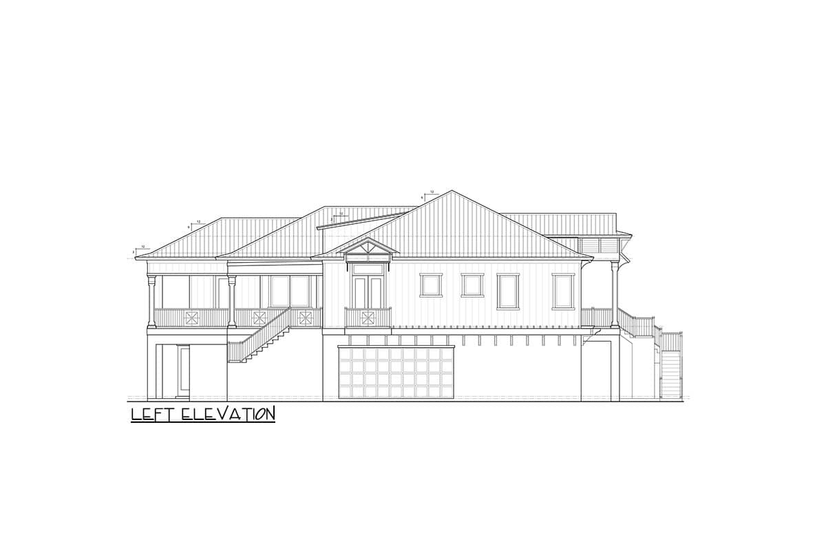 Left elevation house plan showing a multi-story structure with a covered porch, gables, and a segmented garage door.