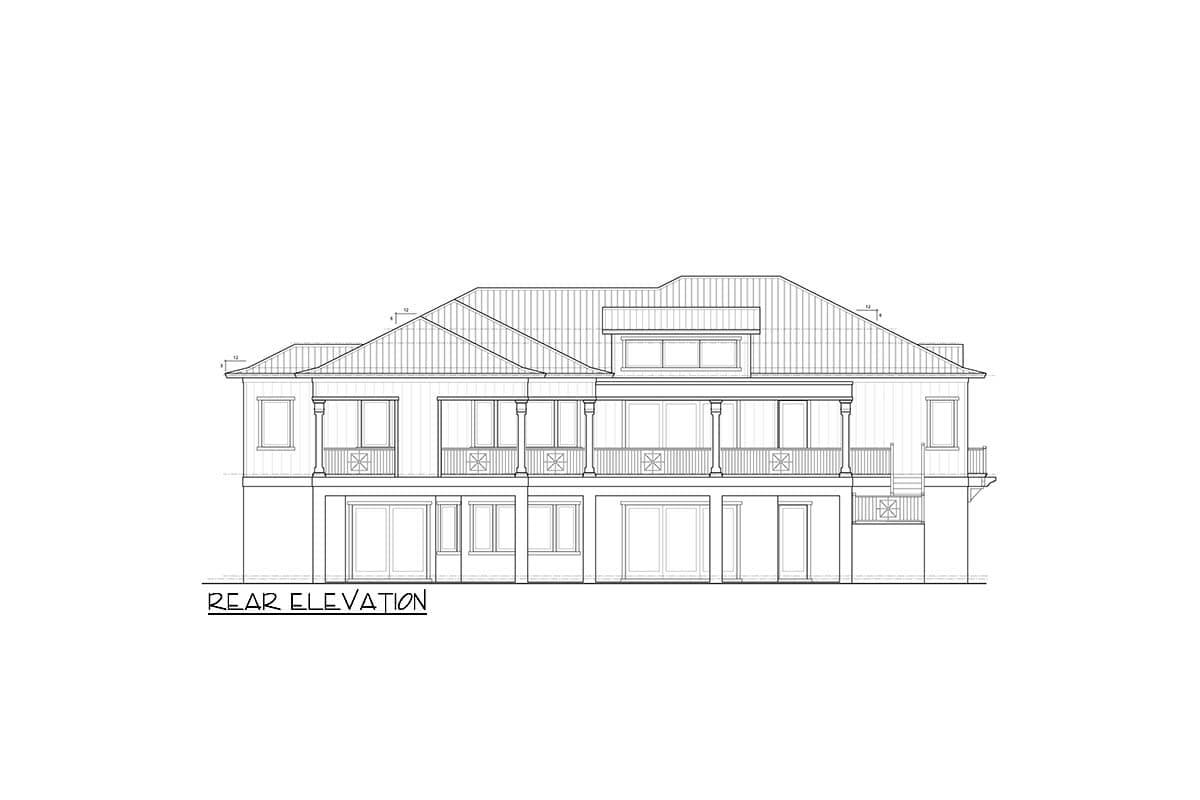 Rear elevation drawing of a two-story house plan with a wraparound porch, varied rooflines, and multiple windows.