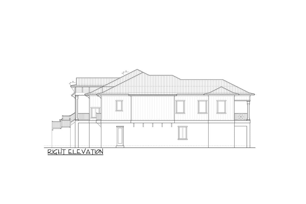 Right elevation house plan drawing showing a two-story structure with a metal roof, multiple gables, balconies, and a garage.