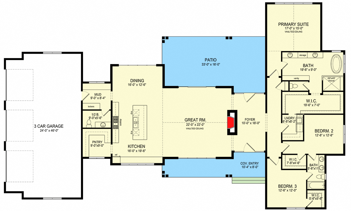 Plan 493027GNT: Scandinavian Modern Farmhouse with Vaulted Great Room and Master - 2936 Sq Ft - Floor Plan - Main Level - Contemporary, Modern Farmhouse, Ranch, Scandinavian, Transitional