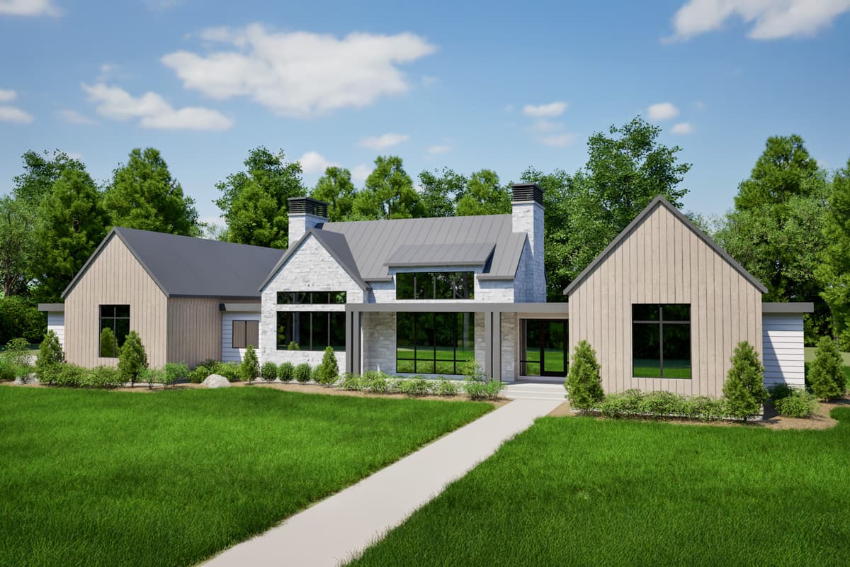 House plan exterior, modern style, featuring stone and wood siding, gabled roofs, and large windows.