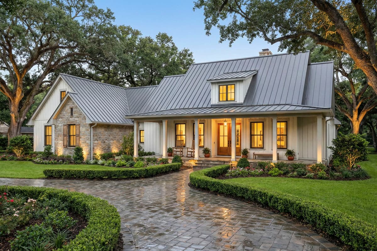 House plan exterior. Two-story Modern Farmhouse with a metal roof, front porch, stone accents, and dormer windows.