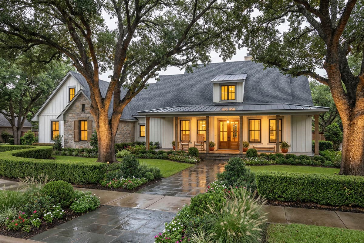 House plan exterior with stone and vertical siding, a covered porch with wood columns, and dormer windows.