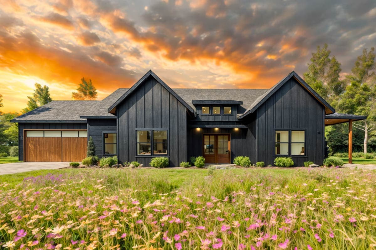 A modern, dark-colored house with a wooden garage door. Wildflowers bloom in the foreground with a vivid sunset sky above.