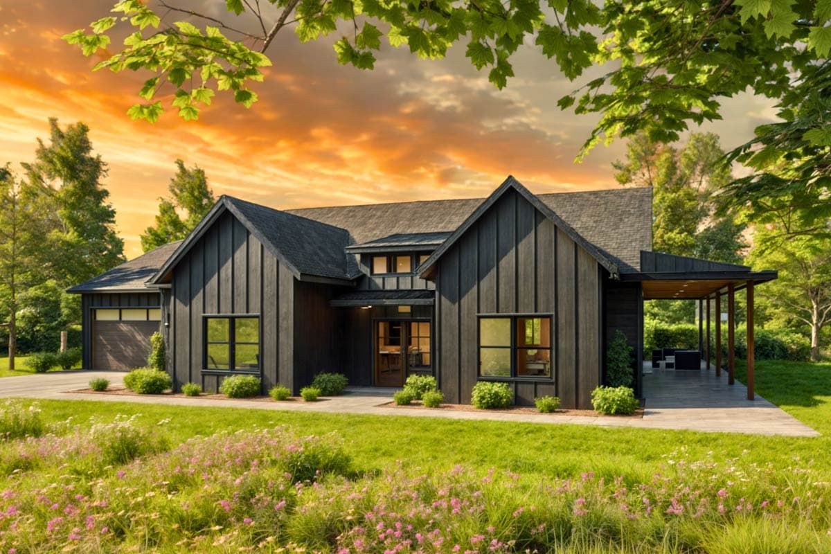 Modern black house with a gabled roof and a porch, set against a sunset sky. Lush green lawn with wildflowers and surrounding trees.