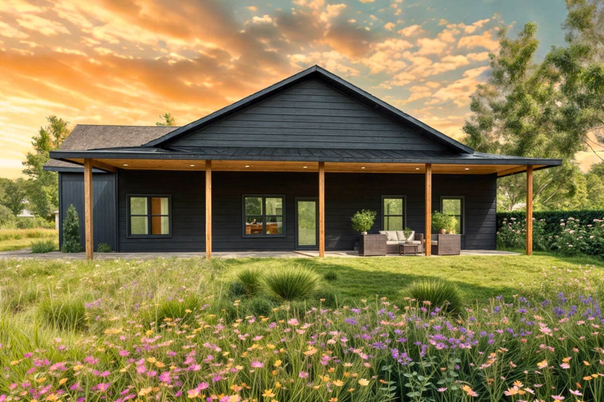 A modern black house with a covered porch sits on a grassy lawn with wildflowers. The sky is filled with a colorful sunset.